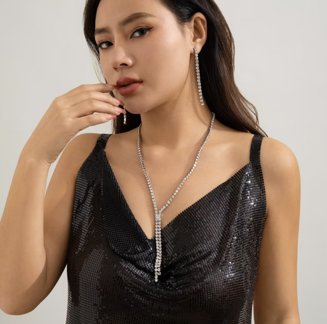 Rhinestone Tennis Chain & Earring Set
