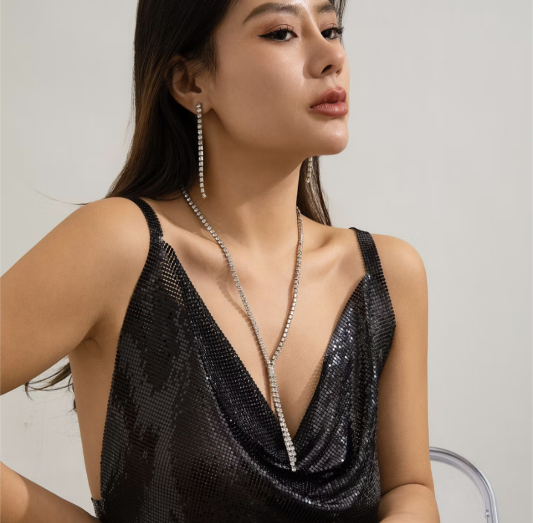 Rhinestone Tennis Chain & Earring Set